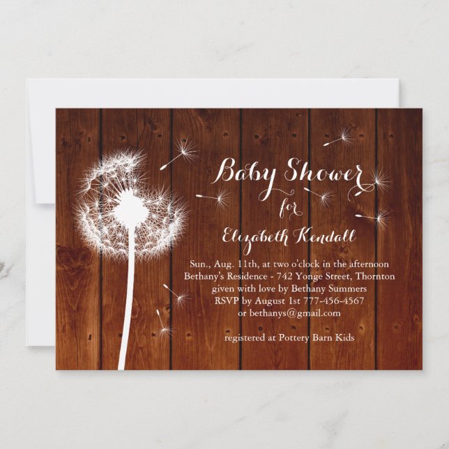 Invitation de baby shower de pissenlit - bois (Devant)