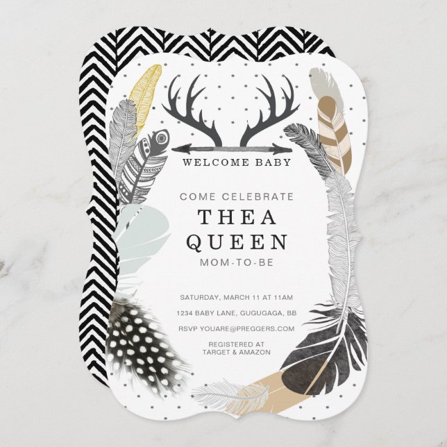 Invitation de Baby shower de plume Boho noir (Devant / Derrière)
