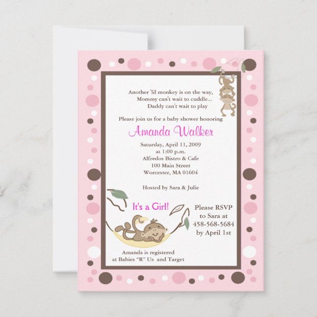 Invitation de Baby shower de point rose 4 x 5 pour (Devant)