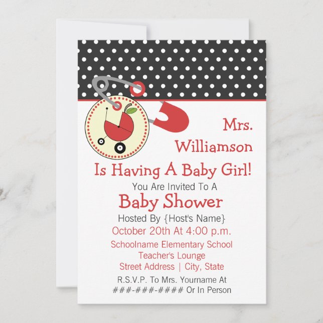 Invitation de baby shower de professeur - rouge et (Devant)
