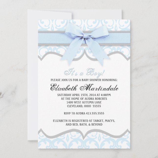 Invitation de baby shower de ruban bleu de coeur (Devant)
