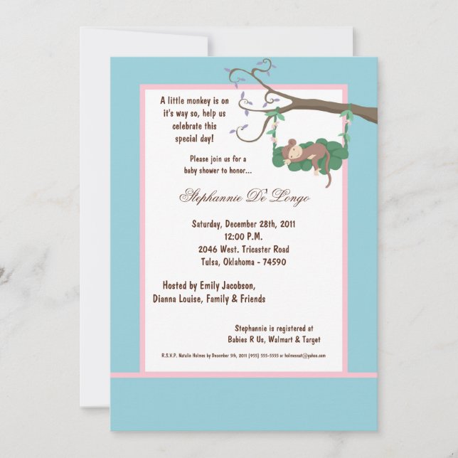 Invitation de Baby shower de singe bleu 5x7 (Devant)