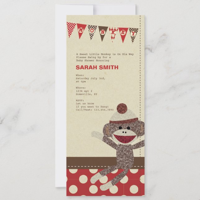 Invitation de baby shower de singe de chaussette (Devant)