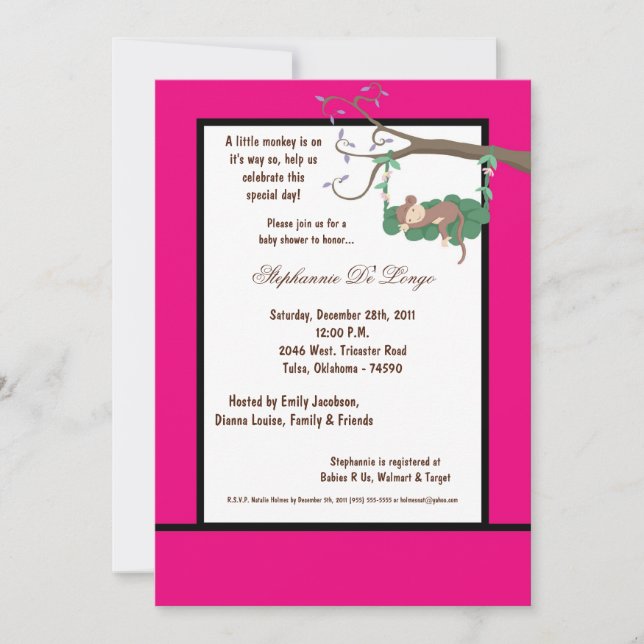 Invitation de Baby shower de singe rose chaud 5x7 (Devant)