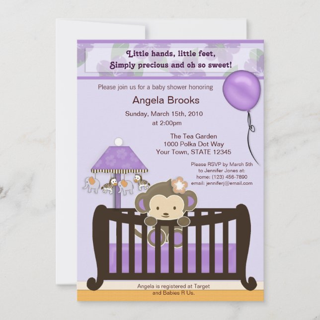 Invitation de Baby shower de singe violet (Devant)