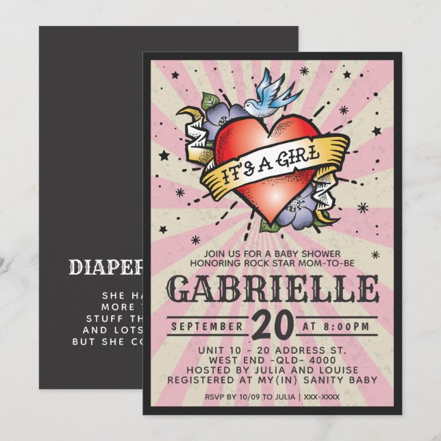 Invitation de Baby shower de tatouage roche et rou (Devant / Derrière)
