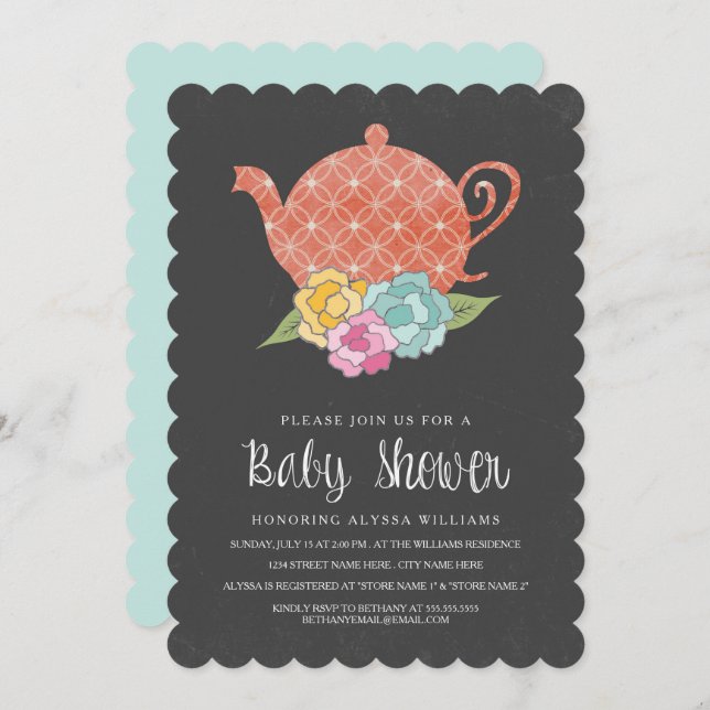 Invitation de baby shower de théière de tableau (Devant / Derrière)