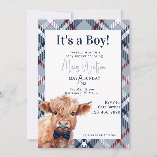 Invitation de baby shower de vache plaid Highland (Devant)