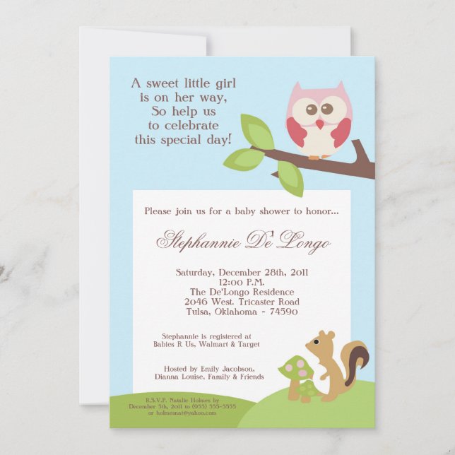 Invitation de baby shower de Woodla de fille (Devant)