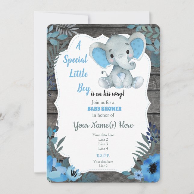 Invitation de Baby shower d'éléphant bleu noir (Devant)