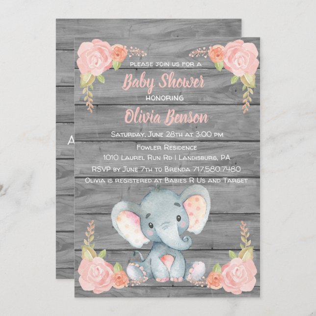 Invitation de baby shower d'éléphant de fille (Devant / Derrière)