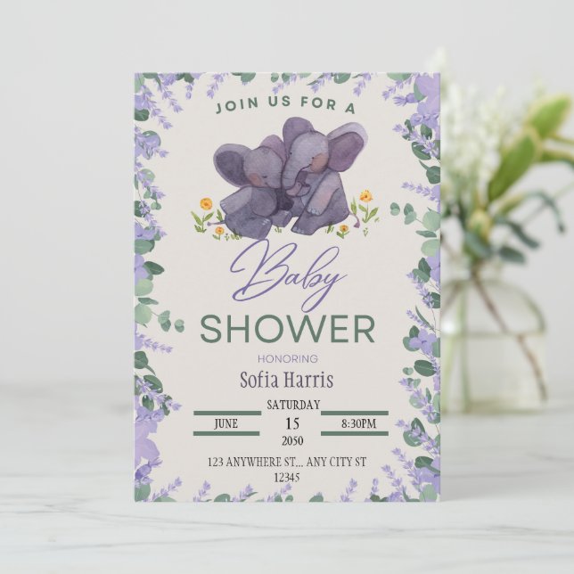 Invitation de Baby shower d'éléphant de lavande (Debout devant)