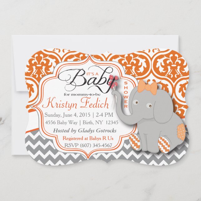 Invitation de baby shower d'éléphant d'orange et (Devant)