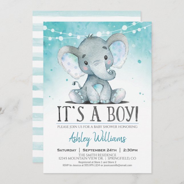 Invitation de Baby shower d'éléphant garçon (Devant / Derrière)