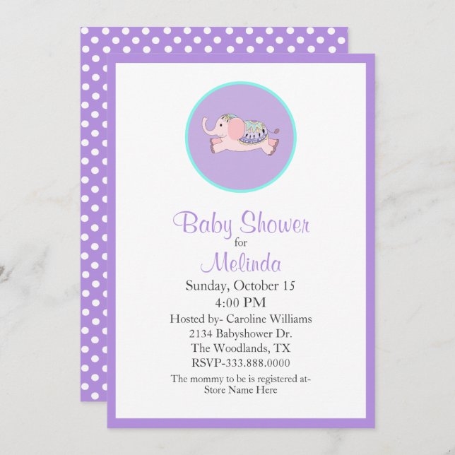 Invitation de Baby shower d'éléphant rose doux (Devant / Derrière)