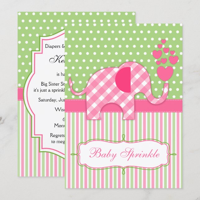 Invitation de Baby shower d'éléphant rose En vichy (Devant / Derrière)