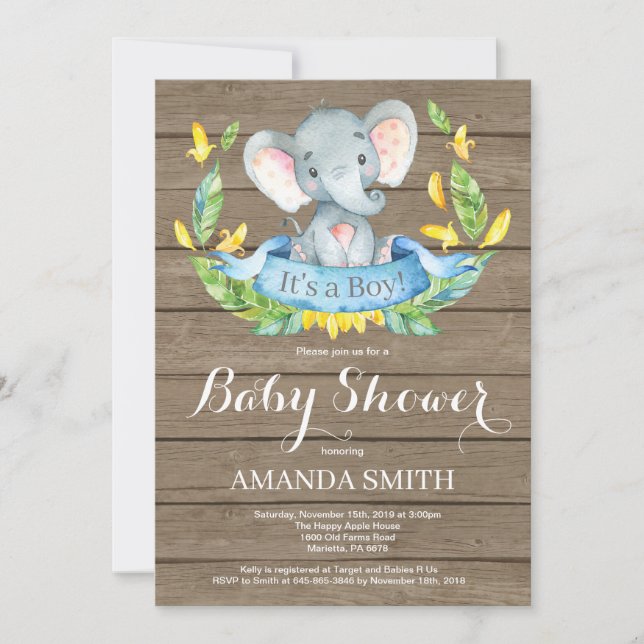 Invitation de Baby shower d'éléphant rustique (Devant)