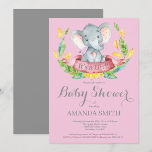 Invitation de Baby shower d'éléphantes rose et gri