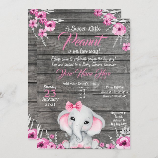 Invitation de Baby shower d'éléphants de filles, r (Devant / Derrière)