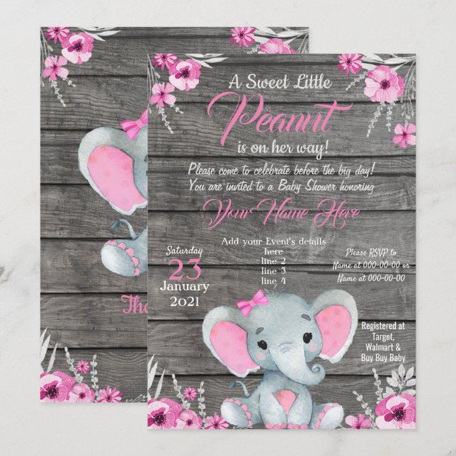 Invitation de Baby shower d'éléphants de filles, r (Devant / Derrière)