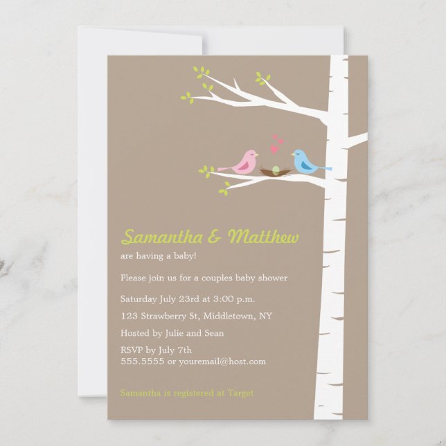 Invitation de Baby shower des couples d'oiseaux mo (Devant)