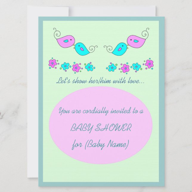 Invitation de Baby shower des oiseaux et des fleur (Devant)