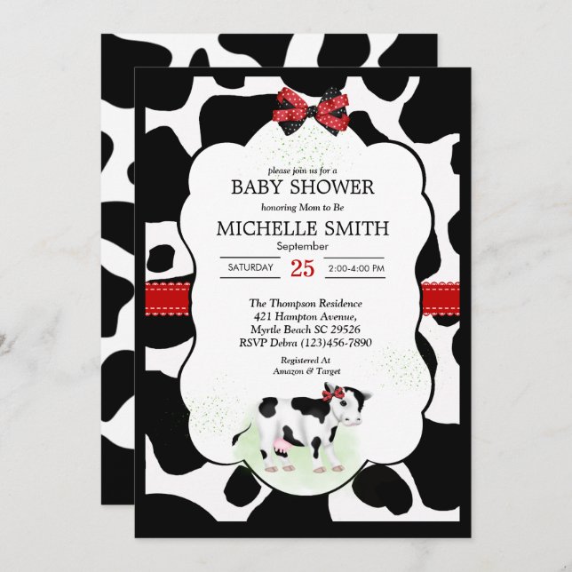 Invitation de Baby shower d'impression de vaches n (Devant / Derrière)