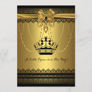 Invitation de Baby shower d'or et de couronne noir