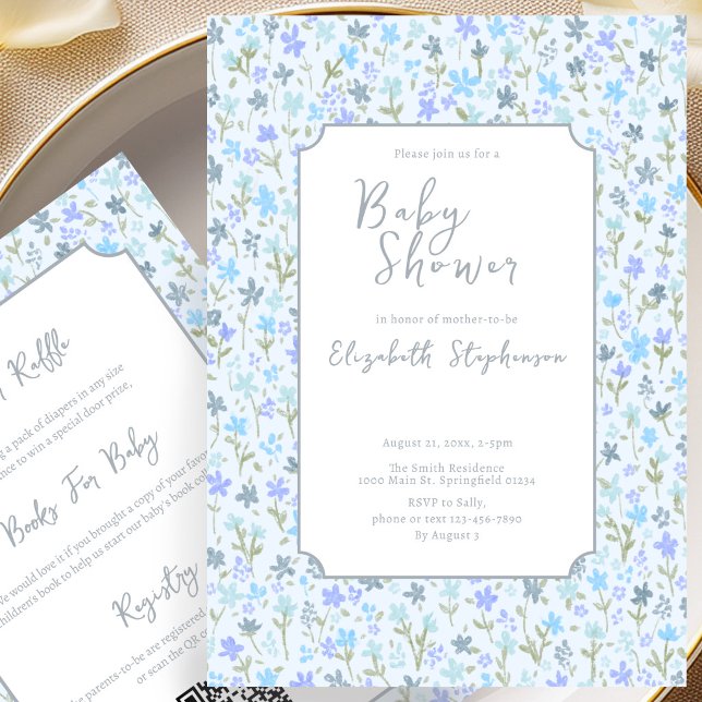 Invitation de baby shower Double Face Fleurs Bleue (Créateur téléchargé)