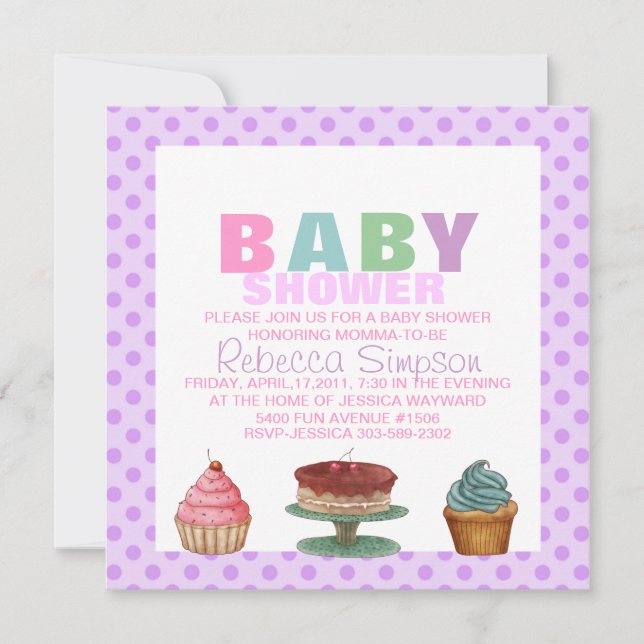 Invitation de baby shower douce aux pois violets (Devant)