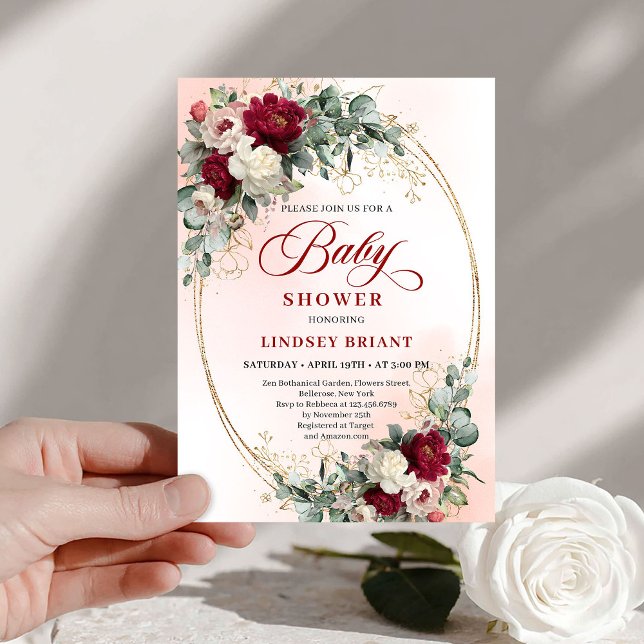 Invitation de Baby Shower Douce Bohème Bourguignon (Soft Bohemian Burgundy Greenery Baby Shower Invitation)