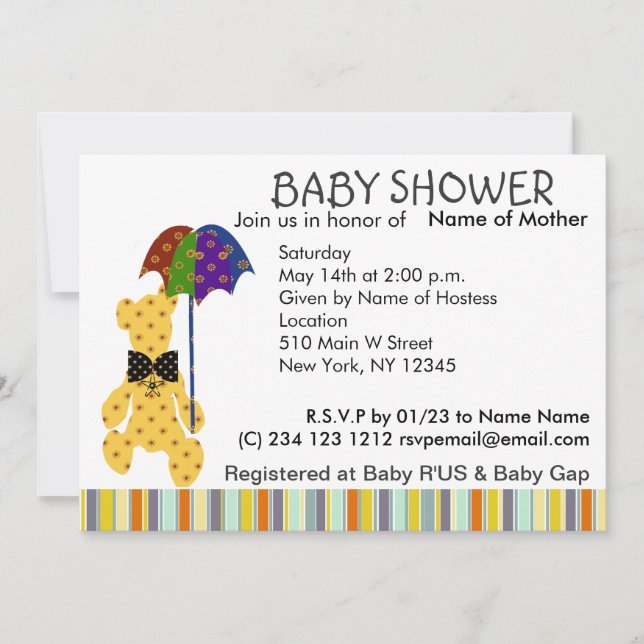 Invitation de baby shower d'ours de nounours (Devant)