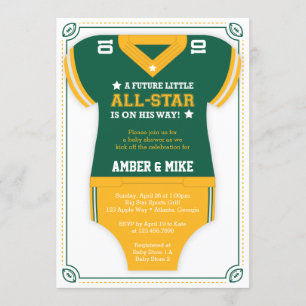 Invitation de baby shower du football, vert, or