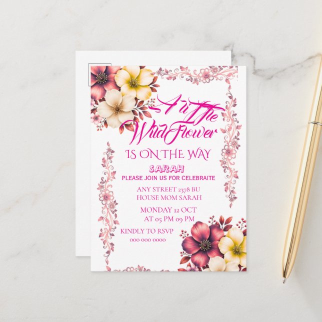 Invitation de baby shower Editable Une Petite Fleu (Devant/Arrière en situation)