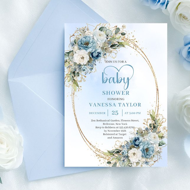 Invitation de baby shower élégante avec fleurs de  (Elegant Dusty Blue Flowers Gold Baby Shower Invite

)