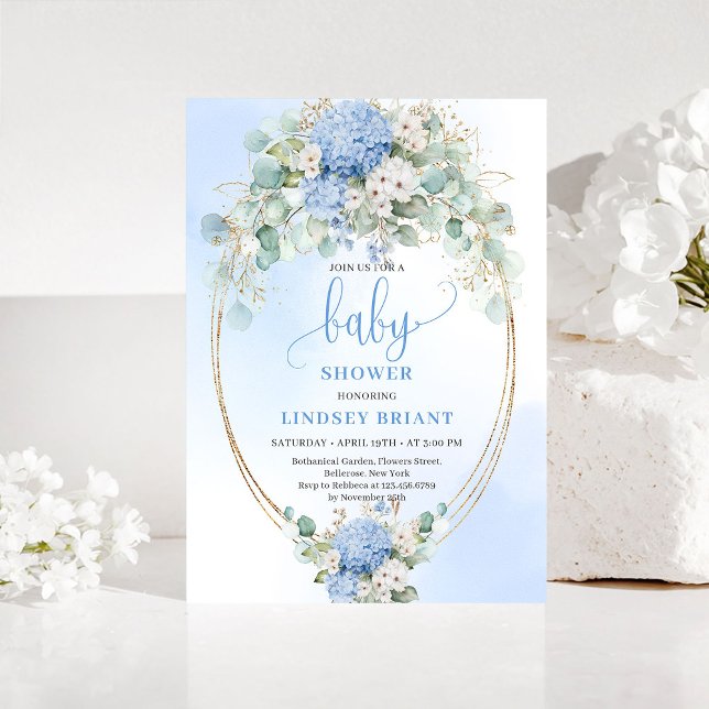 Invitation de baby shower élégante avec hydrangea  (Elegant Blue Hydrangea Baby Shower Gold Invitation)