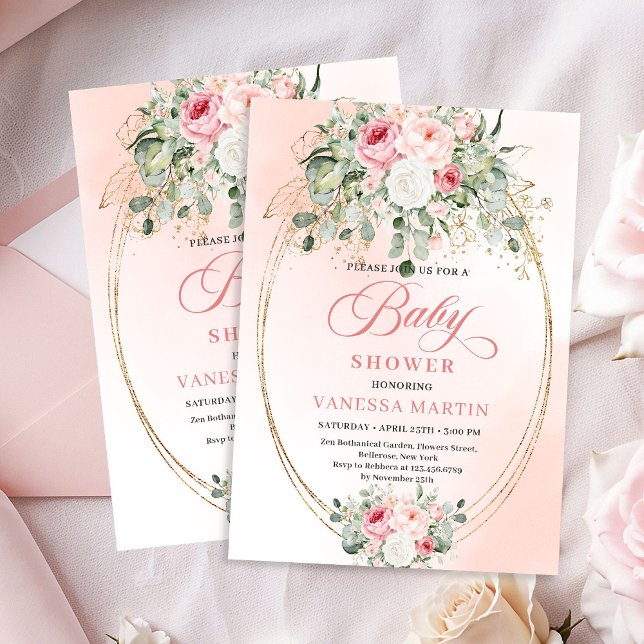 Invitation de Baby Shower Élégante Boho Blush Rose (Elegant Boho Blush Roses Gold Baby Shower Invitation)