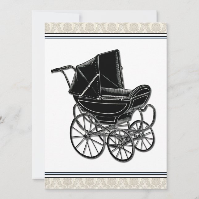 Invitation de baby shower élégante vintage pousset (Devant)