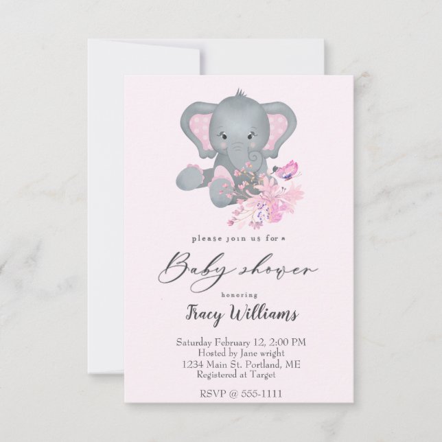 Invitation de baby shower éléphant à l'aquarelle m (Devant)