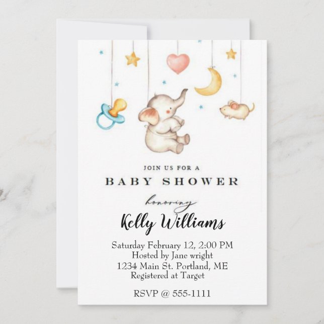 Invitation de baby shower éléphant mignon (Devant)