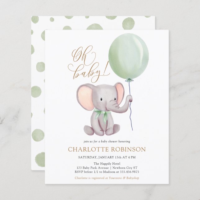 Invitation de Baby shower Eléphant mignon Budget (Devant / Derrière)