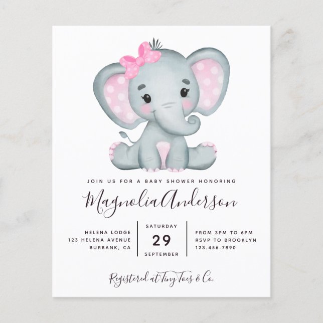 Invitation de Baby shower Eléphant mignon Budget (Devant)