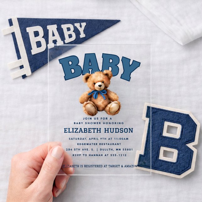 Invitation de Baby-Shower en Acrylique Ourson Vars (Preppy Varsity Teddy Bear Baby Shower Acrylic Invitations)