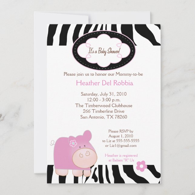 Invitation de Baby shower en bande rose Hippo Zebr (Devant)