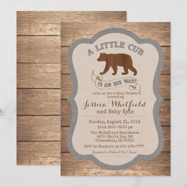 Invitation de Baby Shower en bois rustique ours (Devant / Derrière)