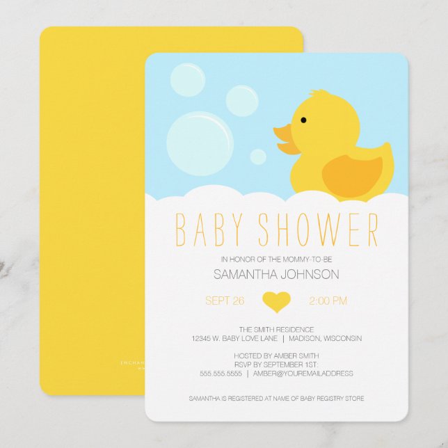 Invitation de Baby shower en caoutchouc jaune (Devant / Derrière)
