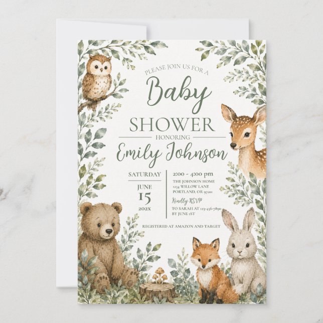 Invitation de Baby Shower en Forêt Enchantée (Devant)