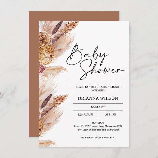 Invitation de Baby shower en laiton Boho Pampas (Devant / Derrière)