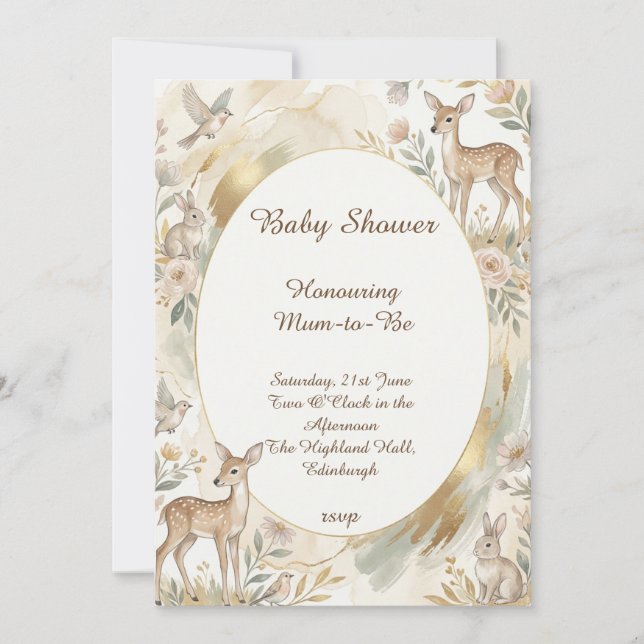 Invitation de Baby Shower en or Cerf de la Forêt (Devant)