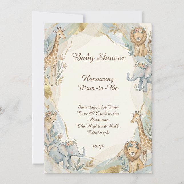 Invitation de baby shower en or sur les animaux de (Devant)